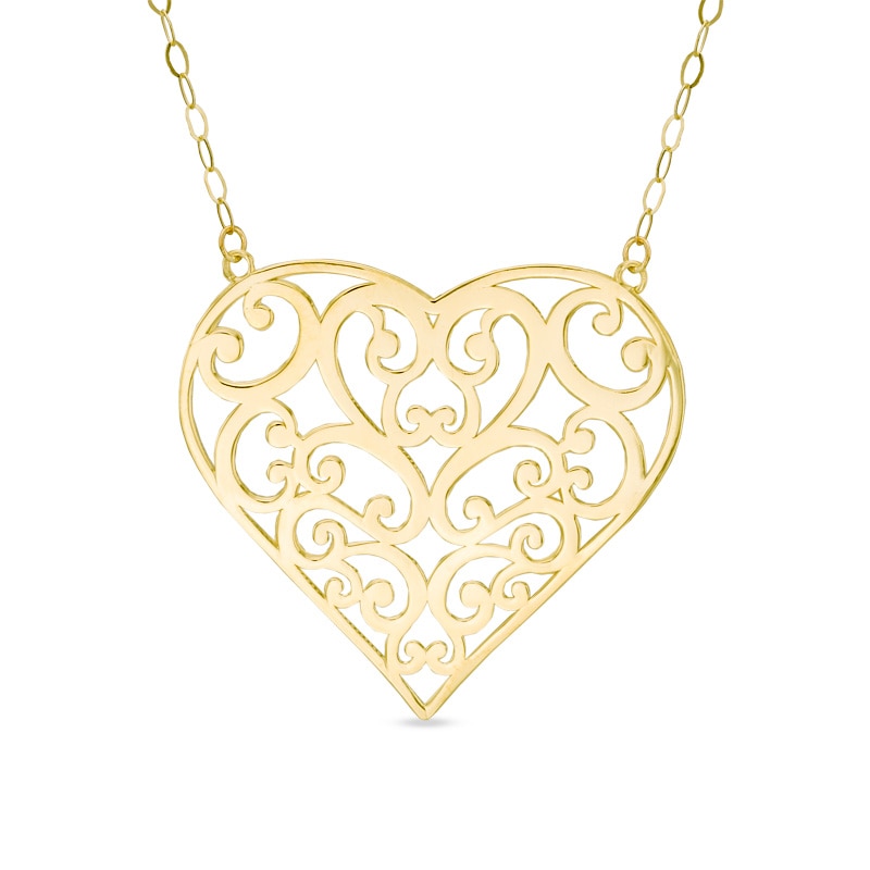Filigree Heart Necklace in 10K Gold - 17"