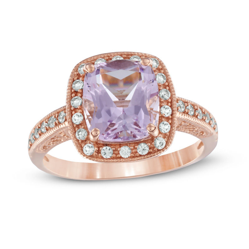 Cushion-Cut Rose de France Amethyst and Lab-Created White Sapphire Frame Ring in 10K Rose Gold