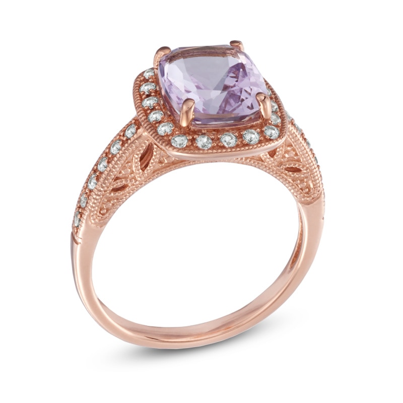 Cushion-Cut Rose de France Amethyst and Lab-Created White Sapphire Frame Ring in 10K Rose Gold