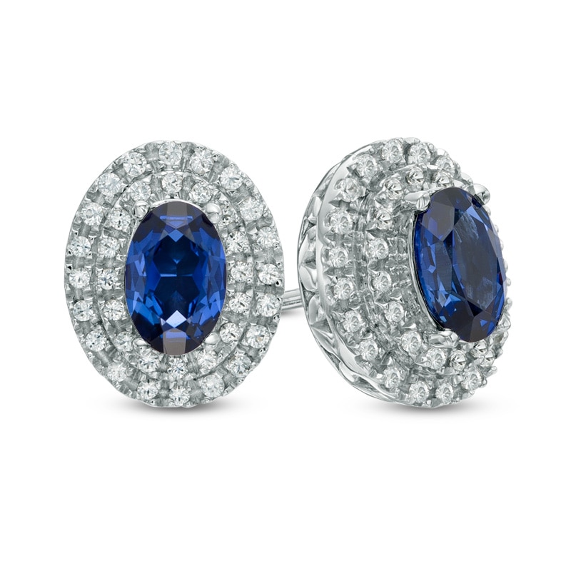 Oval Lab-Created Blue and White Sapphire Frame Stud Earrings in 10K White Gold