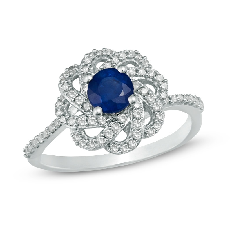 5.0mm Blue Sapphire and 0.32 CT. T.W. Diamond Flower Ring in 10K White Gold