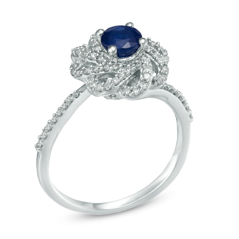 5.0mm Blue Sapphire and 0.32 CT. T.W. Diamond Flower Ring in 10K White Gold