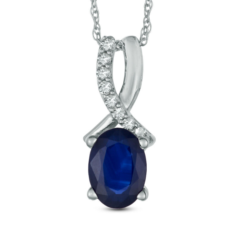 Oval Blue Sapphire and Diamond Accent Pendant in 10K White Gold