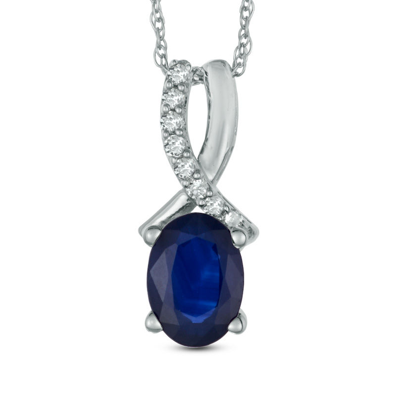 Main Image 1 of Oval Blue Sapphire and Diamond Accent Pendant in 10K White Gold