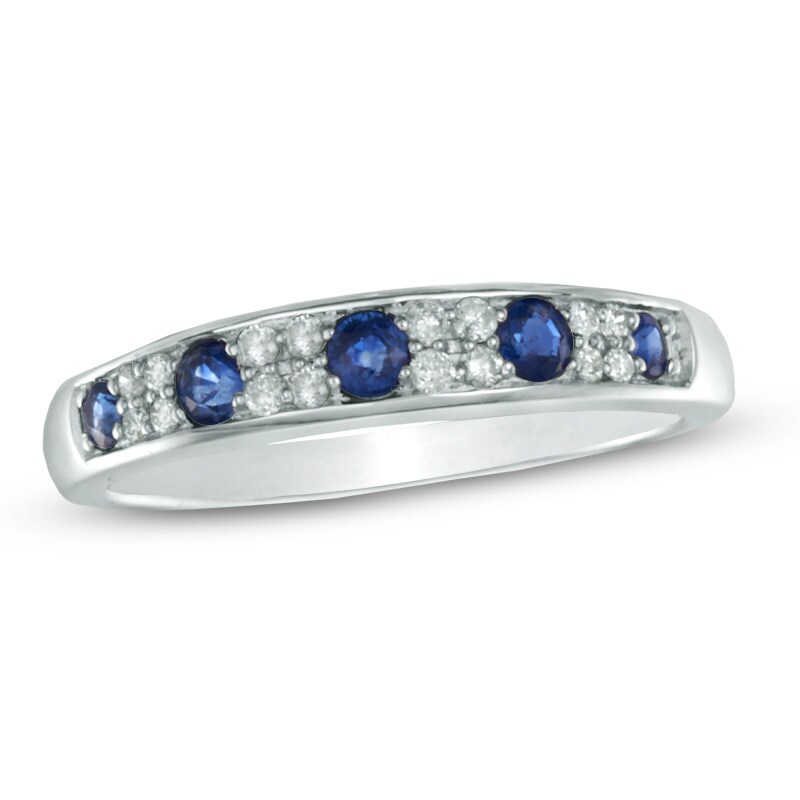 Main Image 1 of Blue Sapphire and 0.14 CT. T.W. Diamond Anniversary Band in 10K White Gold