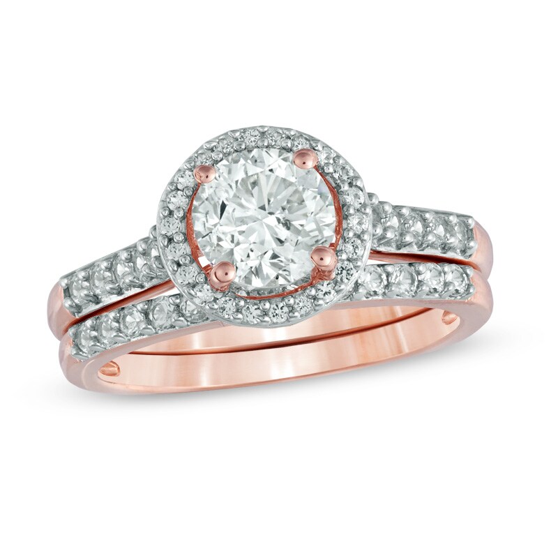 Main Image 1 of 6.5mm Lab-Created White Sapphire Frame Fashion Ring Set in Sterling Silver with 14K Rose Gold Plate