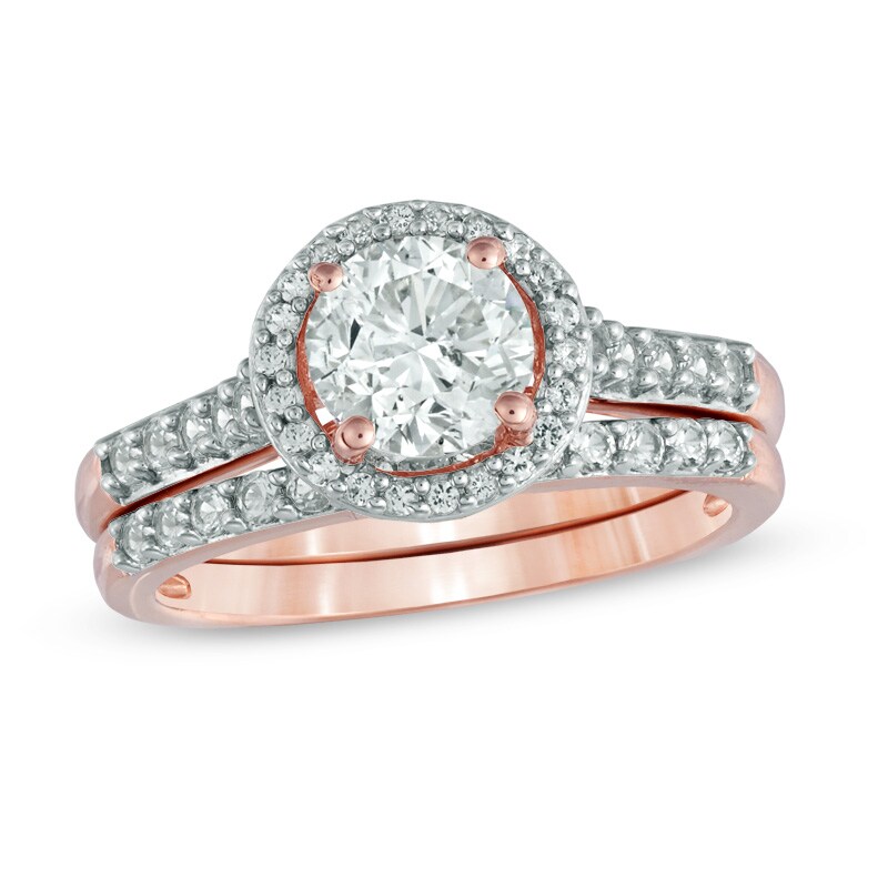 6.5mm Lab-Created White Sapphire Frame Fashion Ring Set in Sterling Silver with 14K Rose Gold Plate