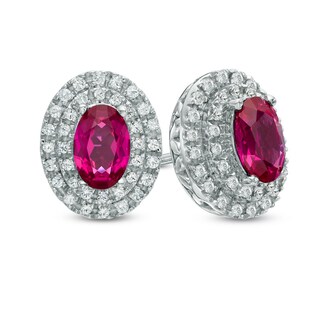 Oval Lab-Created Ruby and White Sapphire Frame Stud Earrings in 10K White Gold
