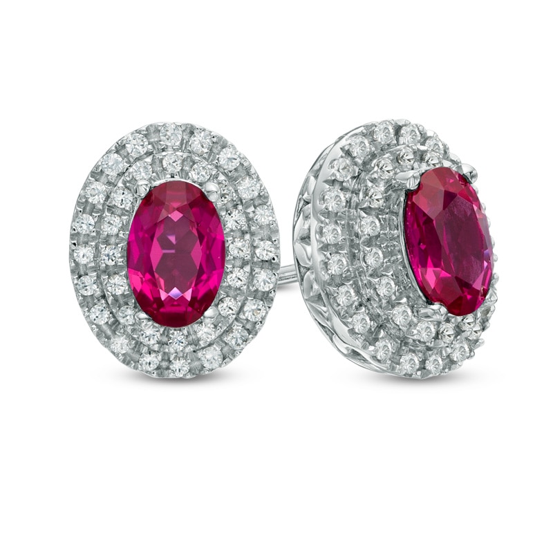 Oval Lab-Created Ruby and White Sapphire Frame Stud Earrings in 10K White Gold
