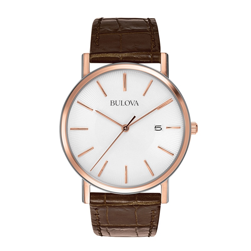 Men's Bulova Classic Rose-Tone Strap Watch with White Dial (Model: 98H51)