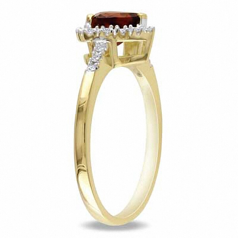 Main Image 2 of 6.0mm Heart-Shaped Garnet and 0.08 CT. T.W. Diamond Frame Ring in 10K Gold