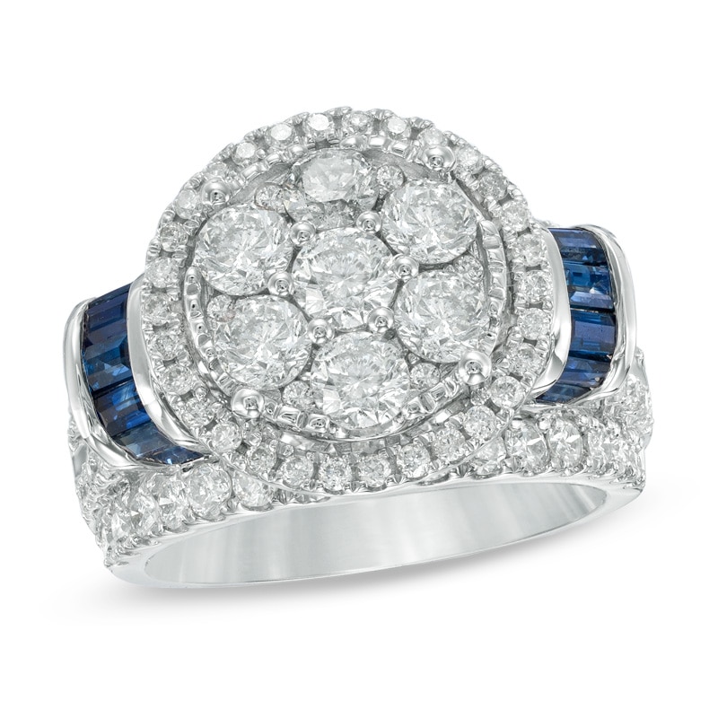 Main Image 1 of 3.00 CT. T.W. Diamond Cluster and Blue Sapphire Ring in 14K White Gold
