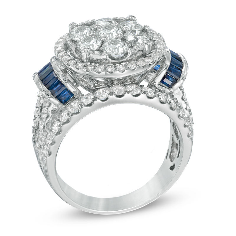 Main Image 2 of 3.00 CT. T.W. Diamond Cluster and Blue Sapphire Ring in 14K White Gold