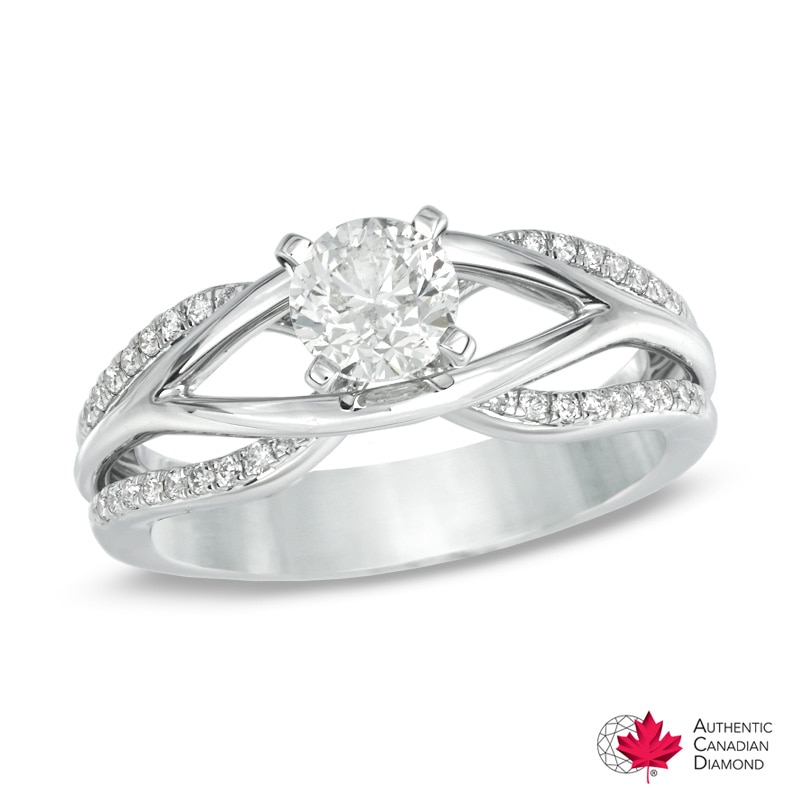 0.92 CT. T.W. Canadian Certified Diamond Split Shank Engagement Ring in 14K White Gold (I/I2)