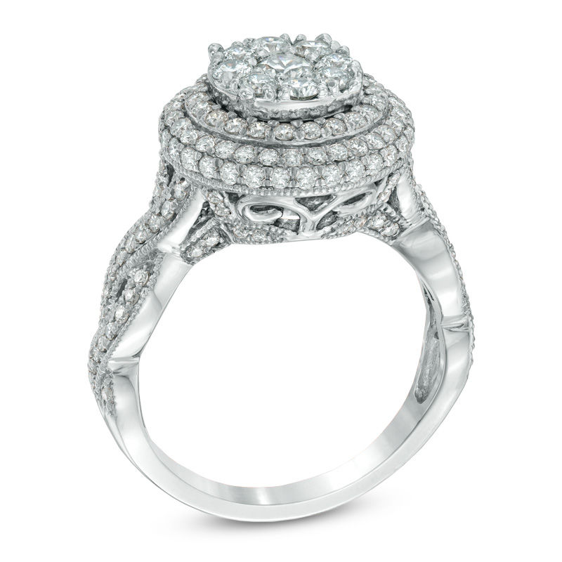 1.50 CT. T.W. Diamond Cluster Double Frame Engagement Ring 14K White Gold
