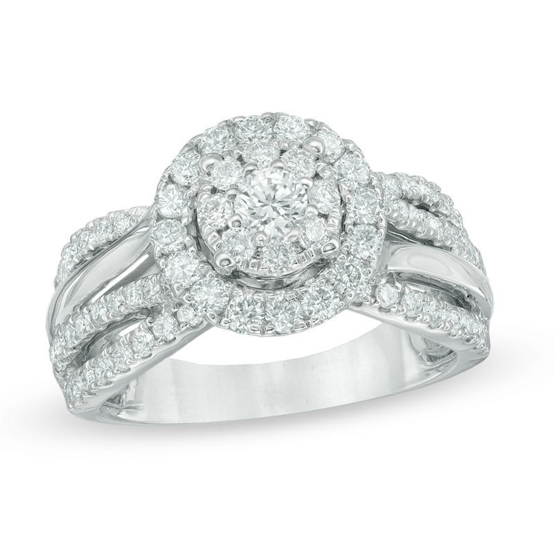 Main Image 1 of 1.25 CT. T.W. Diamond Cluster Layered Shank Engagement Ring in 14K White Gold