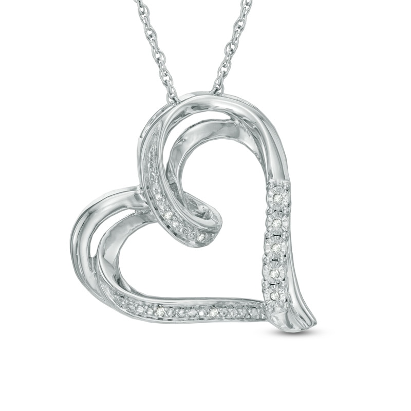 Diamond Accent Tilted Ribbon Heart Pendant in Sterling Silver