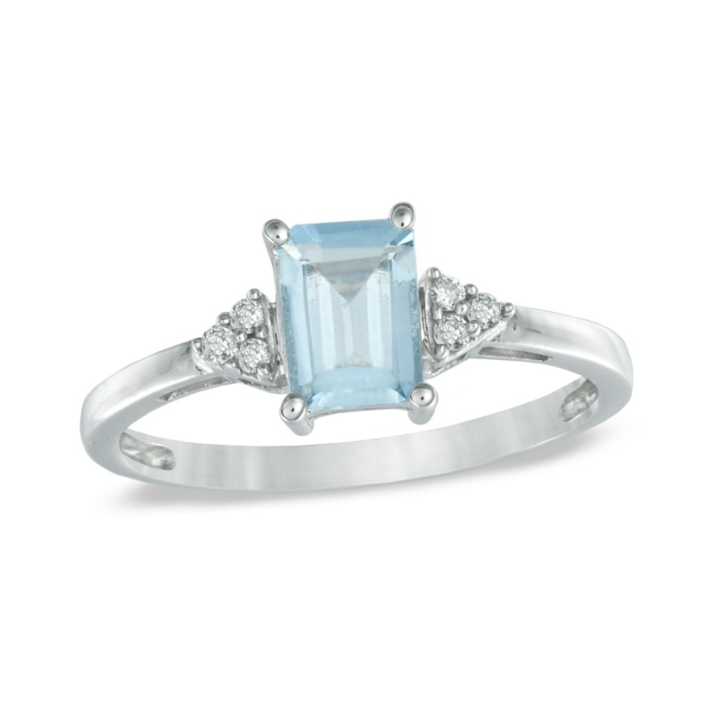 Emerald-Cut Aquamarine and Diamond Accent Ring in 10K White Gold|Peoples Jewellers