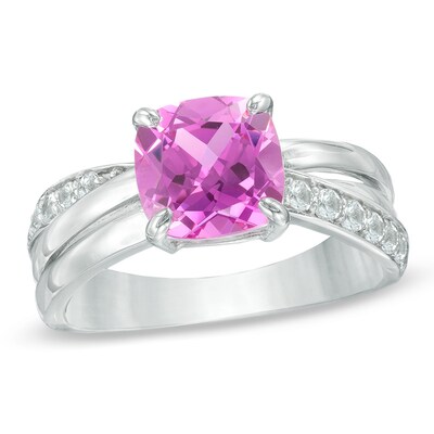 8.0mm Cushion-Cut Lab-Created Pink and White Sapphire Ring in 10K White Gold