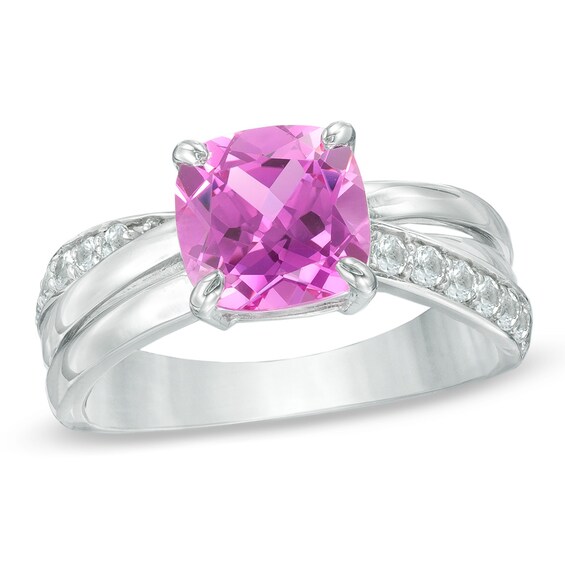 8.0mm Cushion-Cut Lab-Created Pink and White Sapphire Ring in 10K White Gold