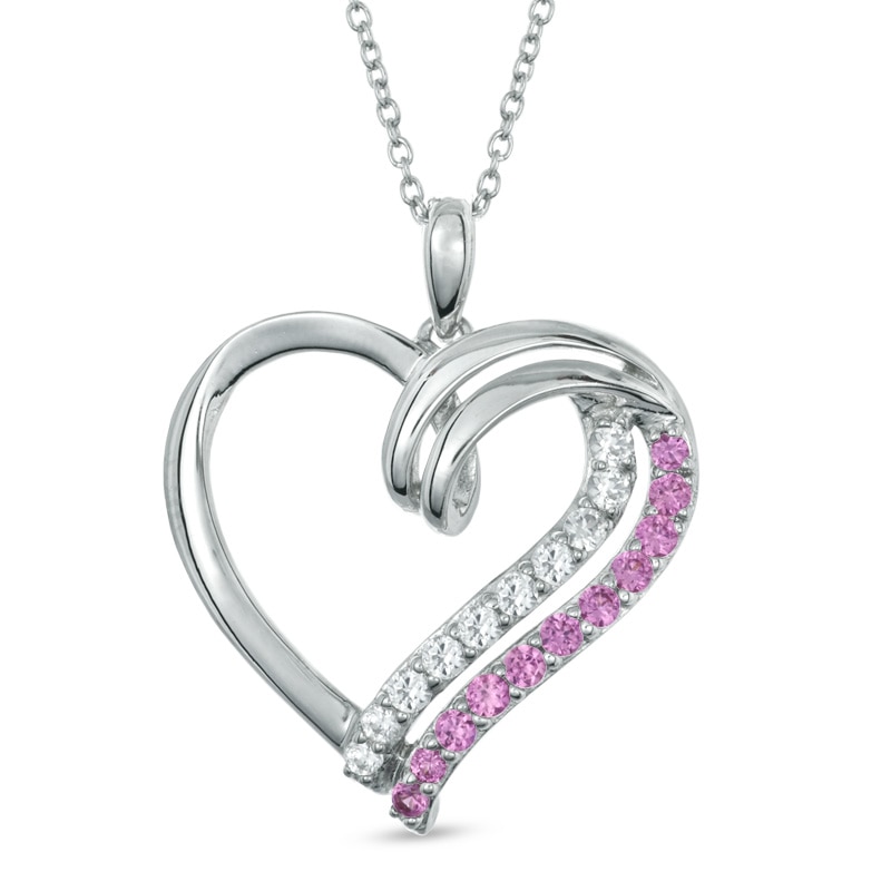Lab-Created Pink and White Sapphire Heart Pendant in Sterling Silver