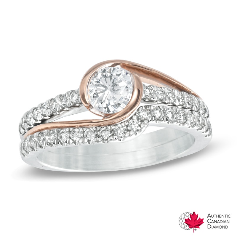 1.09 CT. T.W. Certified Canadian Diamond Bypass Bridal Set in 14K Two-Tone Gold (I/I2)