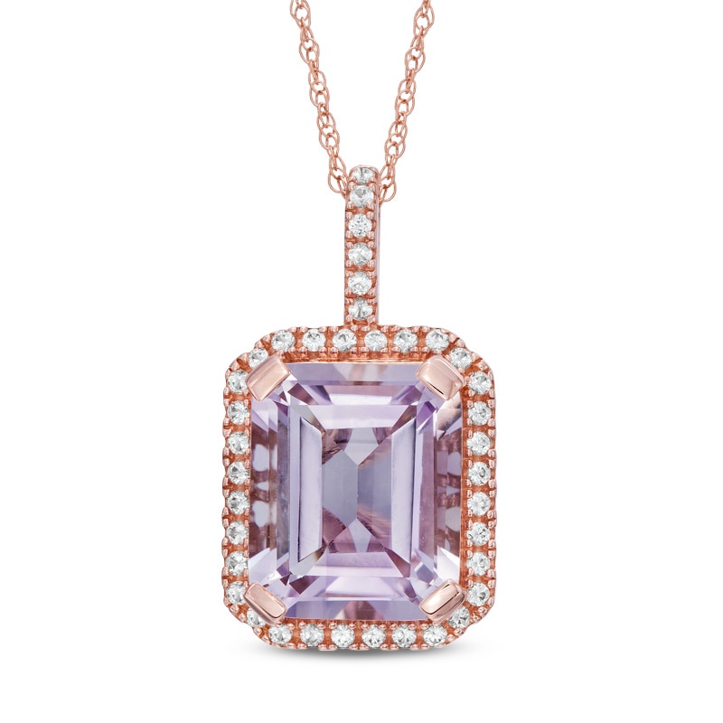 Emerald-Cut Rose de France Amethyst and Lab-Created White Sapphire Frame Pendant in 10K Rose Gold