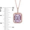 Thumbnail Image 2 of Emerald-Cut Rose de France Amethyst and Lab-Created White Sapphire Frame Pendant in 10K Rose Gold