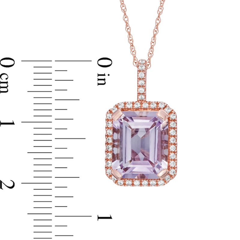 Emerald-Cut Rose de France Amethyst and Lab-Created White Sapphire Frame Pendant in 10K Rose Gold