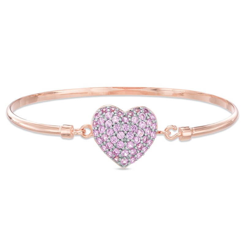 Lab-Created Pink Sapphire Heart Bangle in Sterling Silver with 14K Rose Gold Plate