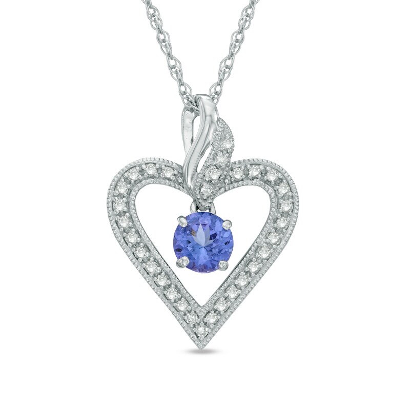 Main Image 1 of 5.0mm Tanzanite and 0.10 CT. T.W. Diamond Vintage-Style Heart Pendant in Sterling Silver