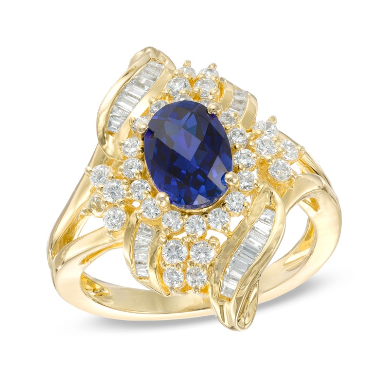 Oval Lab-Created Blue and White Sapphire Ring in 10K Gold