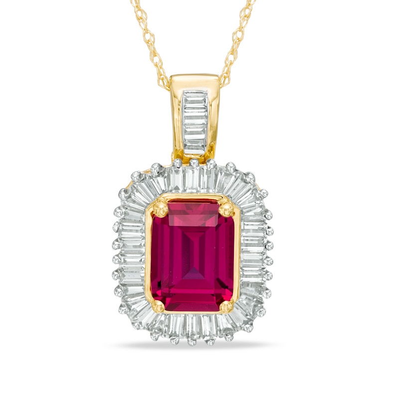 Emerald-Cut Lab-Created Ruby and Baguette White Sapphire Frame Pendant in 10K Gold