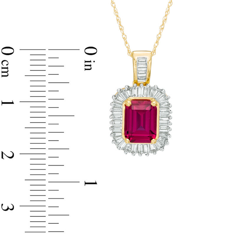 Emerald-Cut Lab-Created Ruby and Baguette White Sapphire Frame Pendant in 10K Gold