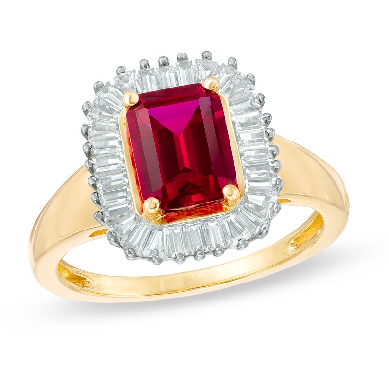 Emerald-Cut Lab-Created Ruby and Baguette White Sapphire Frame Ring in 10K Gold