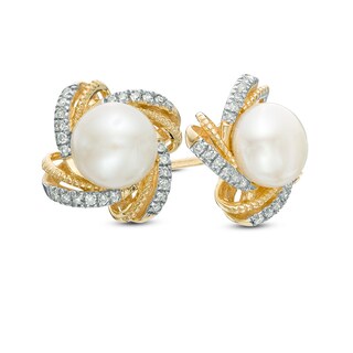 6.0mm Freshwater Cultured Pearl and 0.11 CT. T.W. Diamond Stud Earrings in 10K Gold