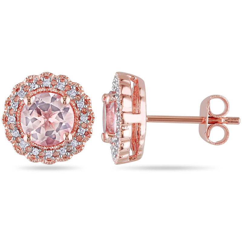 Main Image 1 of 6.0mm Morganite and 0.09 CT. T.W. Diamond Frame Stud Earrings in Rose Rhodium Sterling Silver