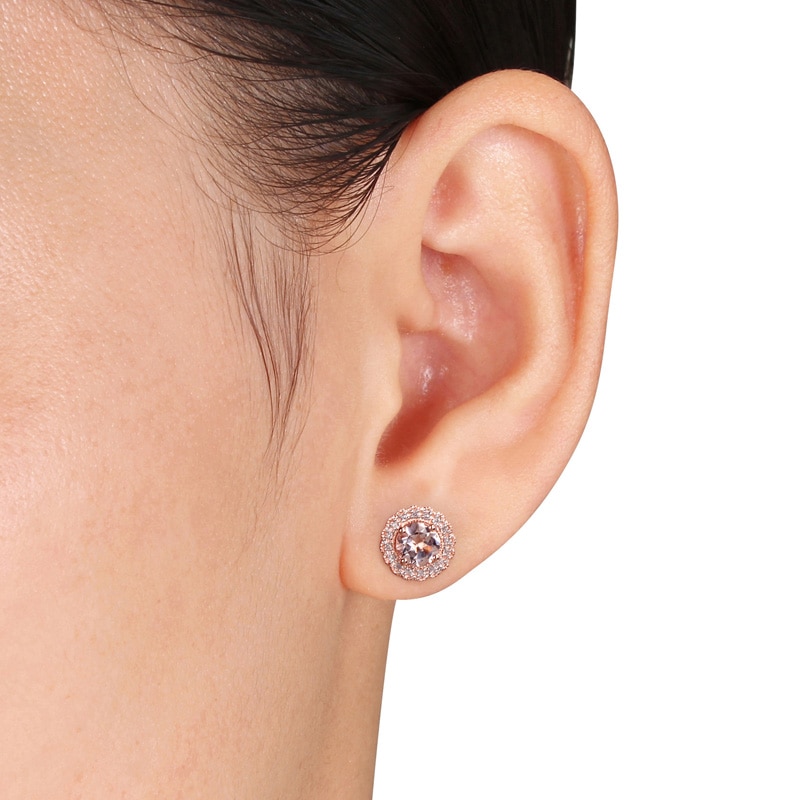 Main Image 3 of 6.0mm Morganite and 0.09 CT. T.W. Diamond Frame Stud Earrings in Rose Rhodium Sterling Silver