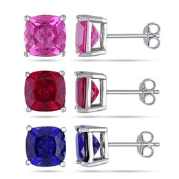 8.0mm Cushion-Cut Lab-Created Ruby and Blue and Pink Lab-Created Sapphire Stud Earrings Set in Sterling Silver