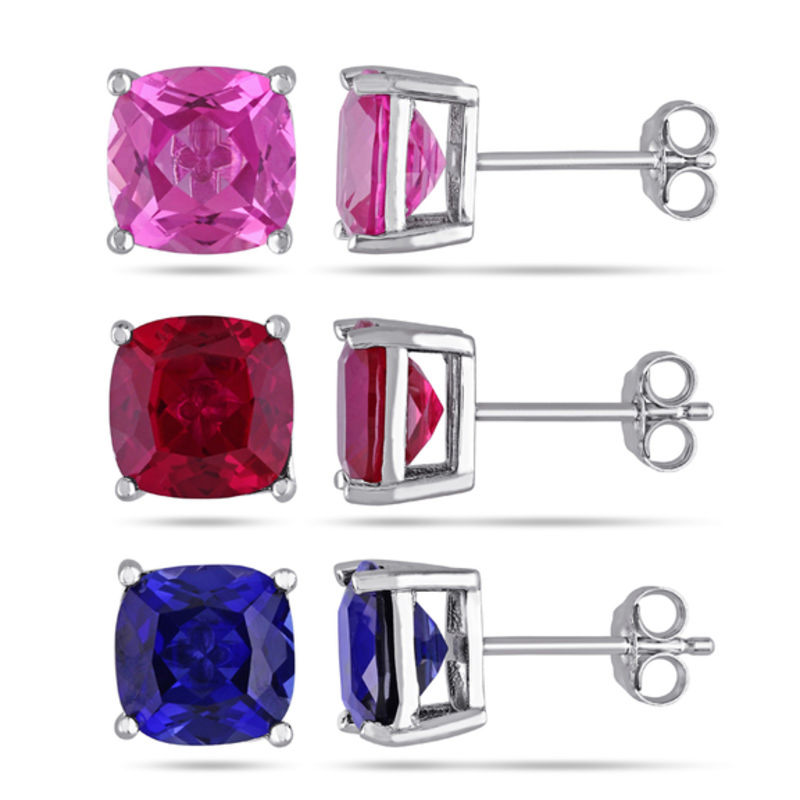 8.0mm Cushion-Cut Lab-Created Ruby and Blue and Pink Lab-Created Sapphire Stud Earrings Set in Sterling Silver