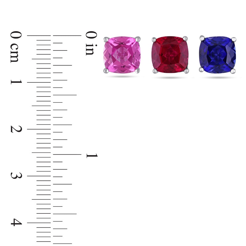 Main Image 2 of 8.0mm Cushion-Cut Lab-Created Ruby and Blue and Pink Lab-Created Sapphire Stud Earrings Set in Sterling Silver