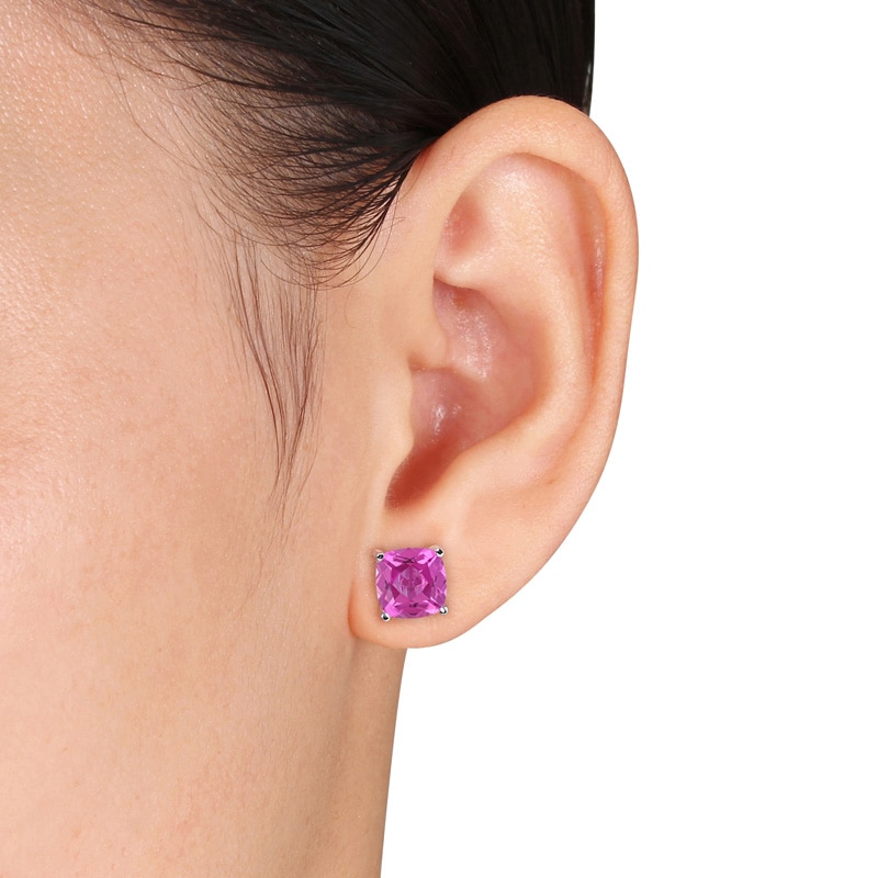 Main Image 3 of 8.0mm Cushion-Cut Lab-Created Ruby and Blue and Pink Lab-Created Sapphire Stud Earrings Set in Sterling Silver