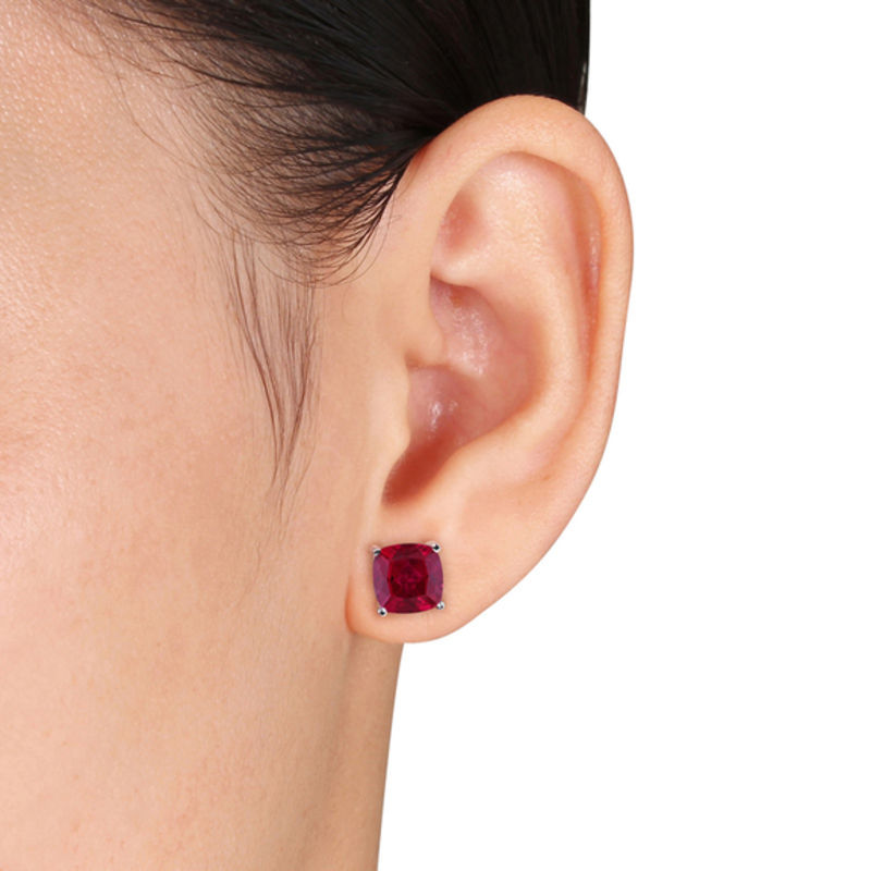 Main Image 4 of 8.0mm Cushion-Cut Lab-Created Ruby and Blue and Pink Lab-Created Sapphire Stud Earrings Set in Sterling Silver