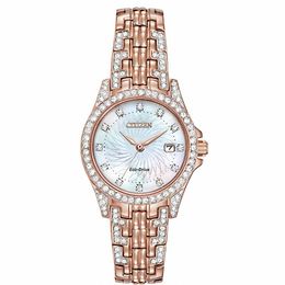 Ladies' Citizen Eco-Drive® Silhouette Crystal Accent Rose-Tone Watch with Mother-of-Pearl Dial (Model: EW1228-53D)
