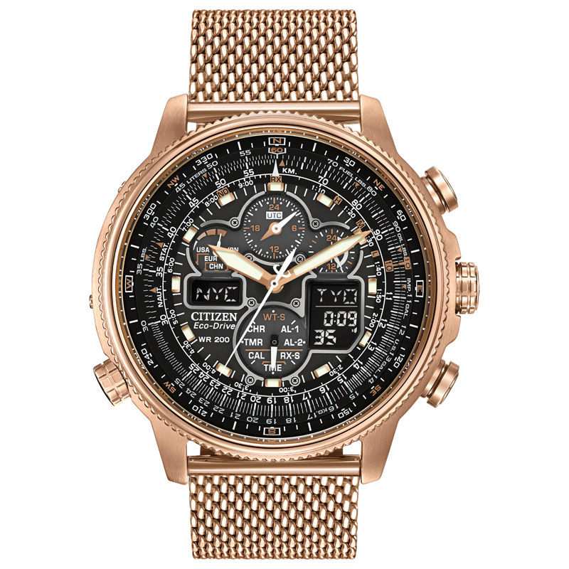 Main Image 1 of Men's Citizen Eco-Drive® Promaster Navihawk A-T Rose-Tone Mesh Watch with Black Dial (Model: JY8033-51E)