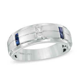 Vera Wang Love Collection Men's 0.12 CT. T.W. Square-Cut Diamond and Blue Sapphire Wedding Band in 14K White Gold