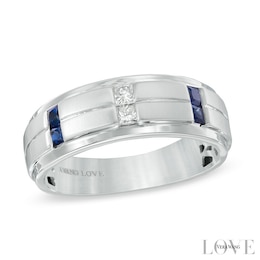 Vera Wang Men's 0.12 CT. T.W. Square-Cut Diamond and Blue Sapphire Wedding Band in 14K White Gold
