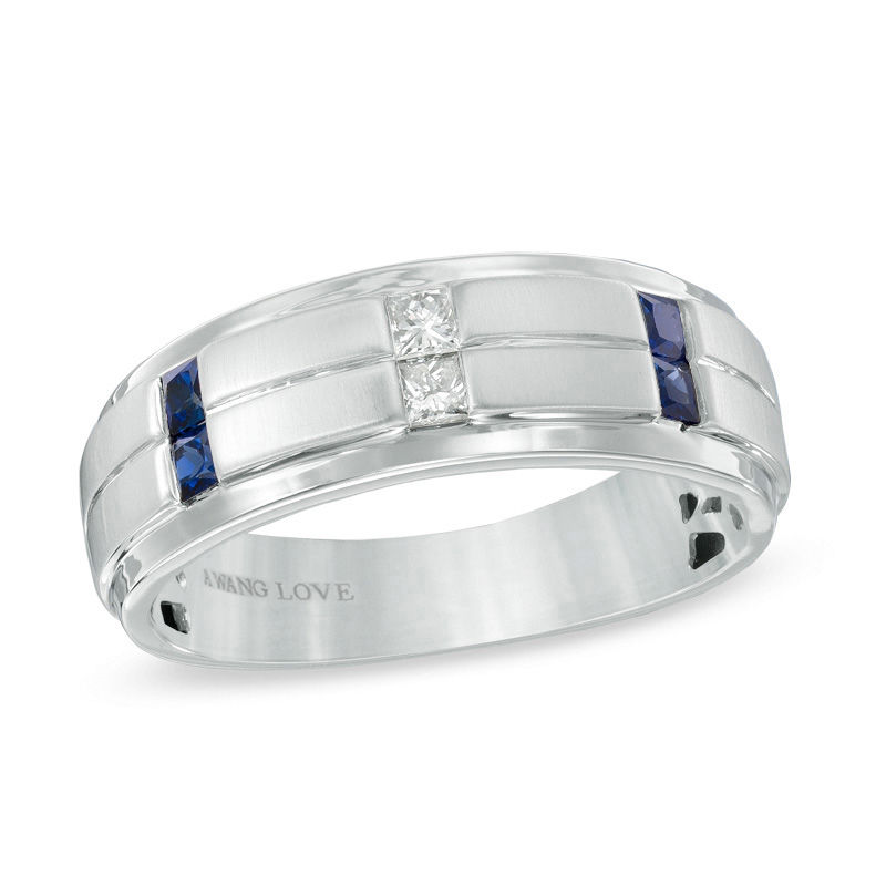 Vera Wang Love Collection Men's 0.12 CT. T.W. Square-Cut Diamond and Blue Sapphire Wedding Band in 14K White Gold|Peoples Jewellers