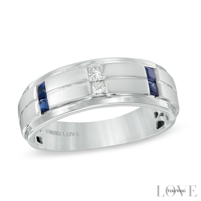 Vera Wang Men's 0.12 CT. T.W. Square-Cut Diamond and Blue Sapphire Wedding Band 14K White Gold