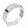 Thumbnail Image 2 of Vera Wang Love Collection Men's 0.12 CT. T.W. Square-Cut Diamond and Blue Sapphire Wedding Band in 14K White Gold